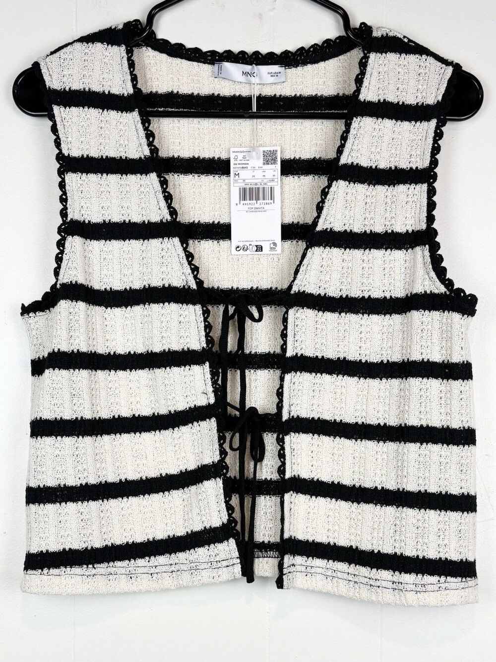 MNG Mango Women's Vest Crochet Knit Striped Black White Cropped Tie Front MED